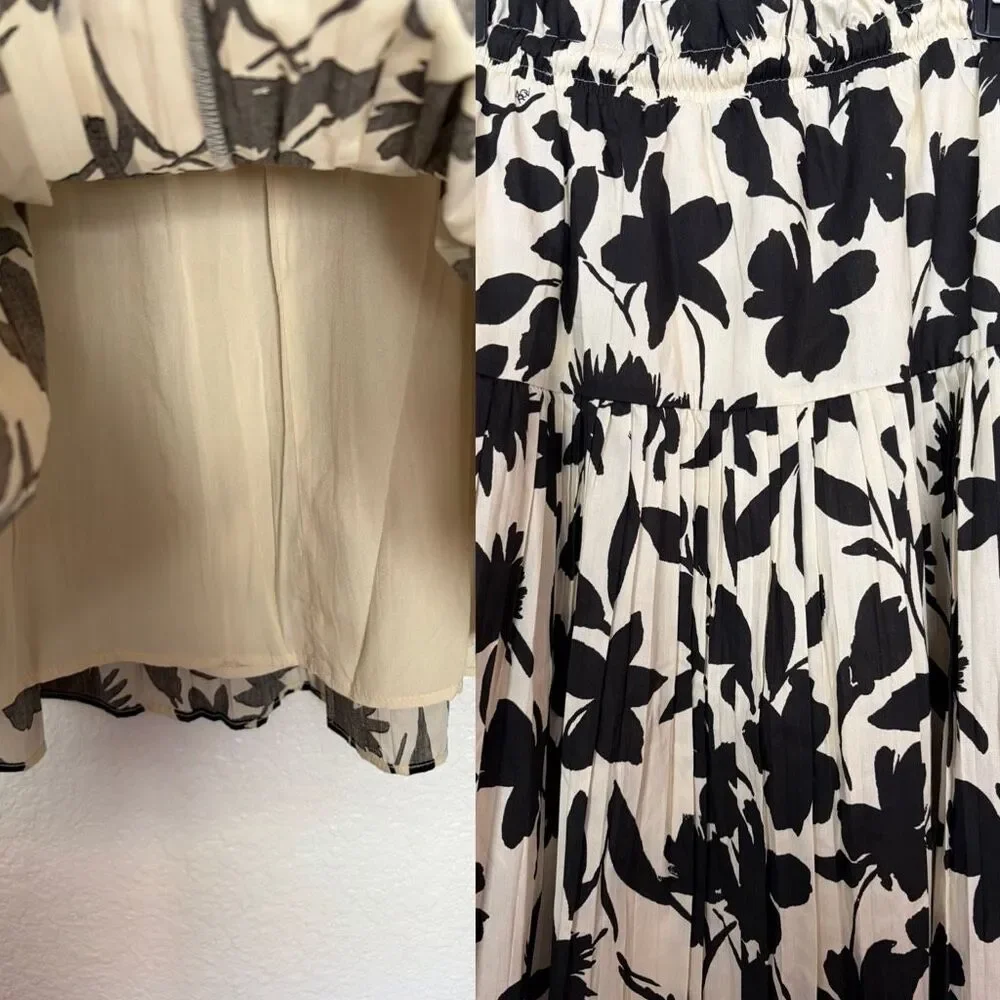 Moon River Floral Print A-line Full Midi Skirt Ivory, Black Size L
